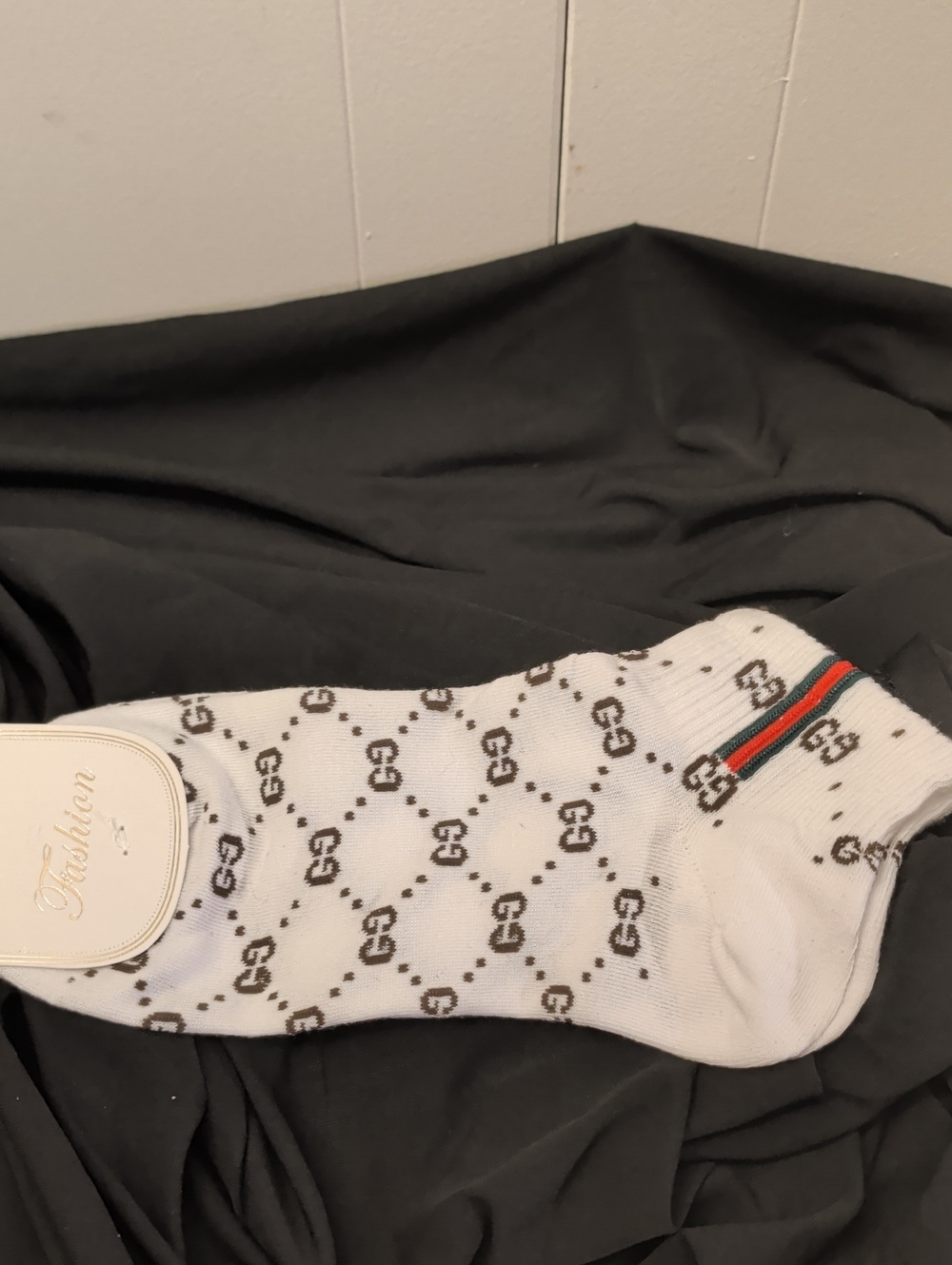 Designer-Style White & Black Logo Crew Socks with Red-Green Stripe